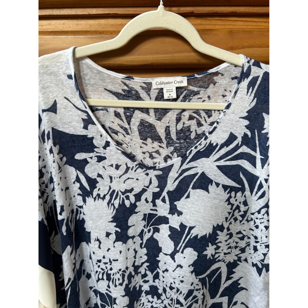 Coldwater Creek Womens Navy Blue White Floral Linen Knit V-Neck Poncho Top M - Picture 3 of 5